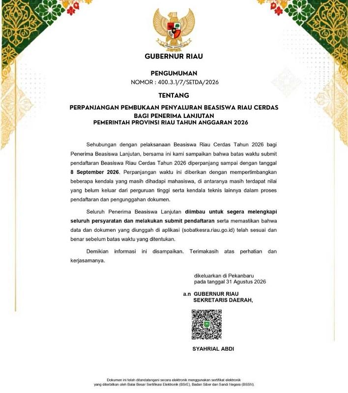 Pemprov Perpanjang Pendaftaran Beasiswa Riau Cerdas bagi Penerima Lanjutan hingga 8 September
