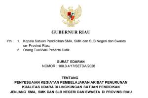 Kualitas Udara Menurun, Pemprov Riau Keluarkan SE Penyesuaian Pembelajaran